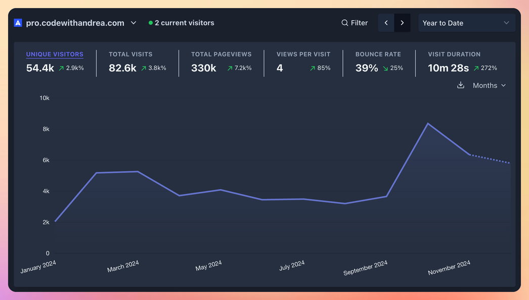 Website analytics for Code with Andrea Pro in 2024 (launched in February)