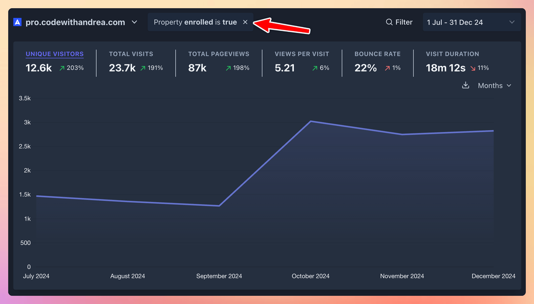 Traffic from enrolled users on Code with Andrea Pro from July to December 2024