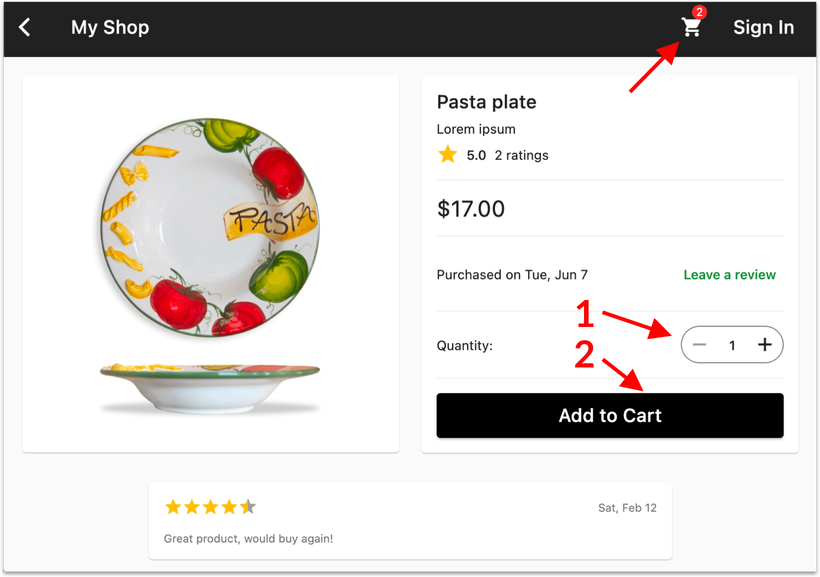 Product page with quantity selector and "Add to Cart" button. Also, isn't that a lovely pasta plate?