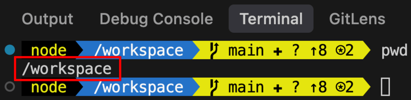 Running pwd in the container workspace