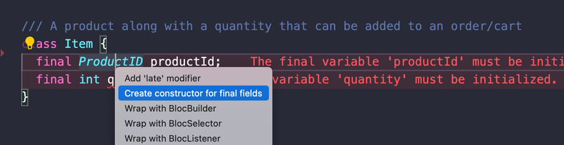 Quick Fix example: create a constructor for final fields
