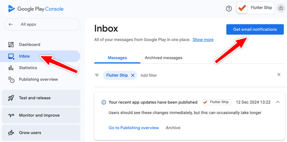 Google Play Console Inbox