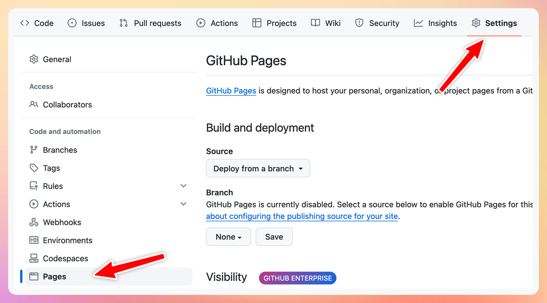 GitHub Pages settings
