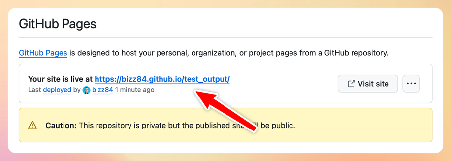 GitHub Pages showing the live site URL