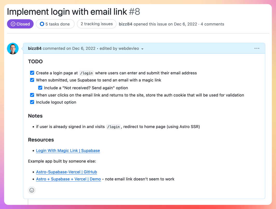 Single GitHub task with checklist and requirements
