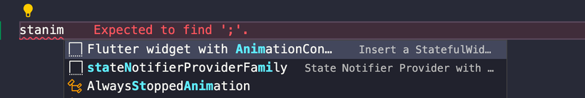 "stanim" snippet to insert a StatefulWidget with an AnimationController