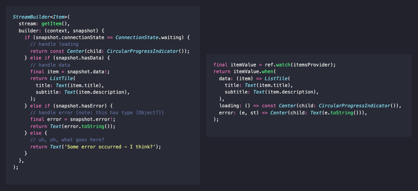 A line-by-line comparison between StreamBuilder and AsyncValue