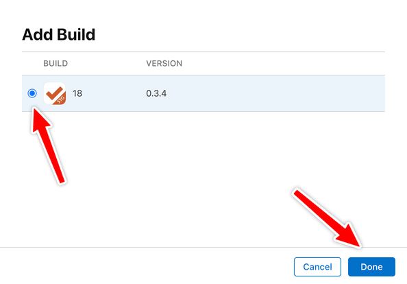 Selecting the build in App Store Connect