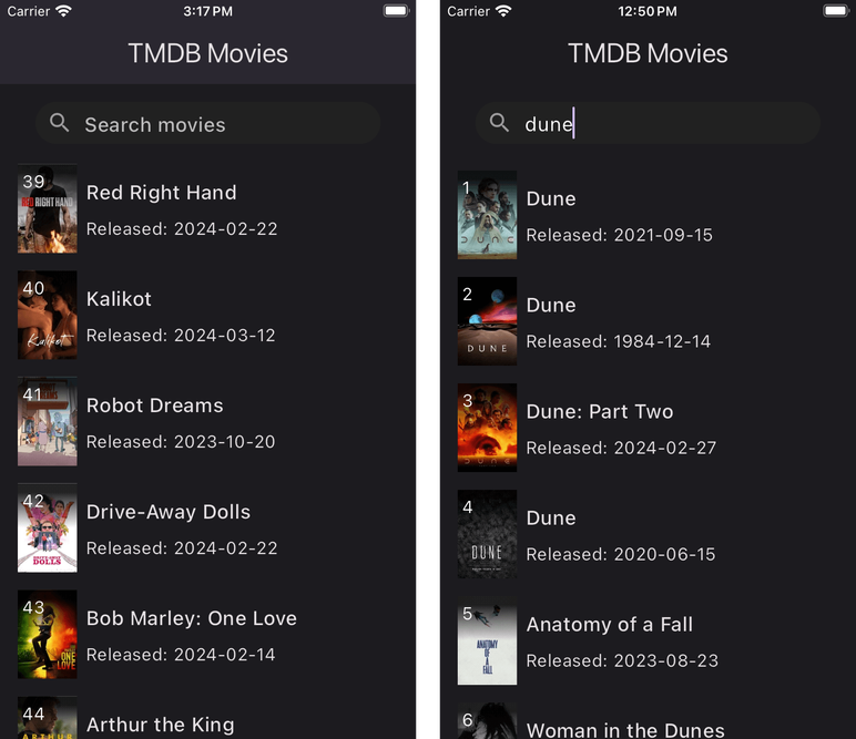 Screenshots of the example Movies app