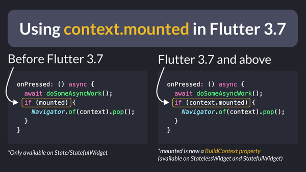 Since Flutter 3.7, BuildContext as a mounted property that we can check inside any widget
