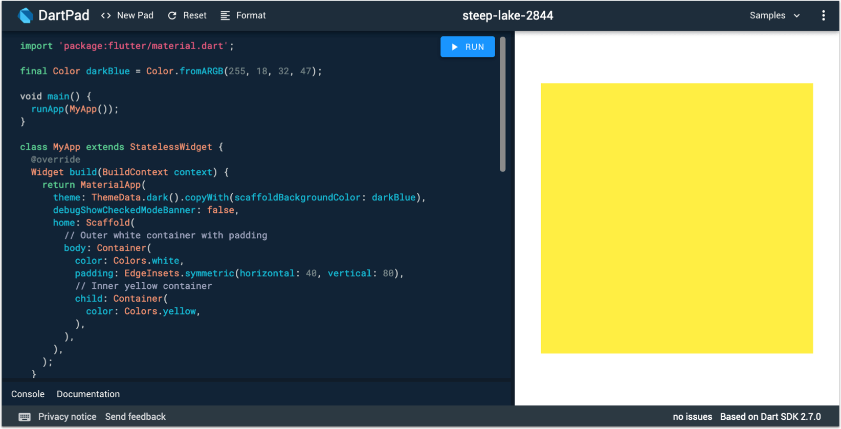 Dartpad preview with two Containers
