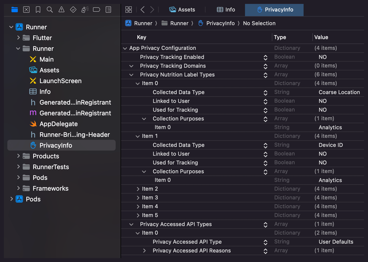 Xcode privacy manifest file