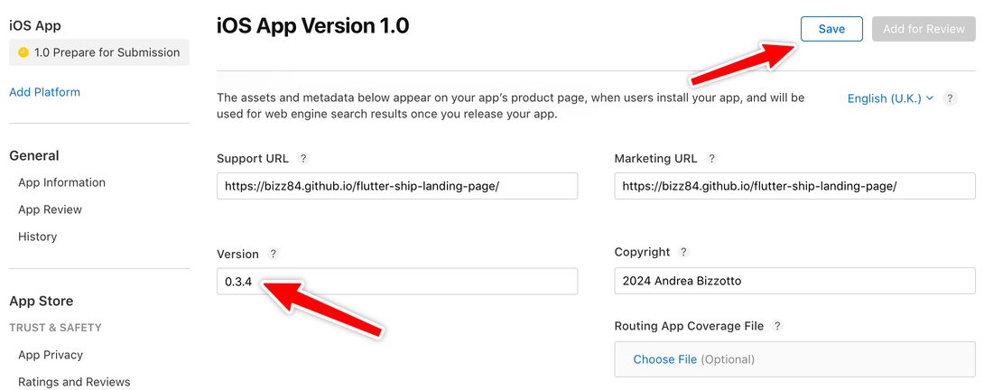 Setting the version number in App Store Connect