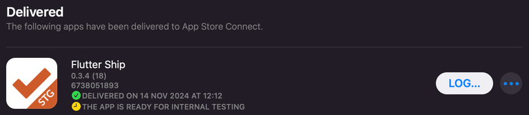 Transporter showing that the app is ready for internal testing