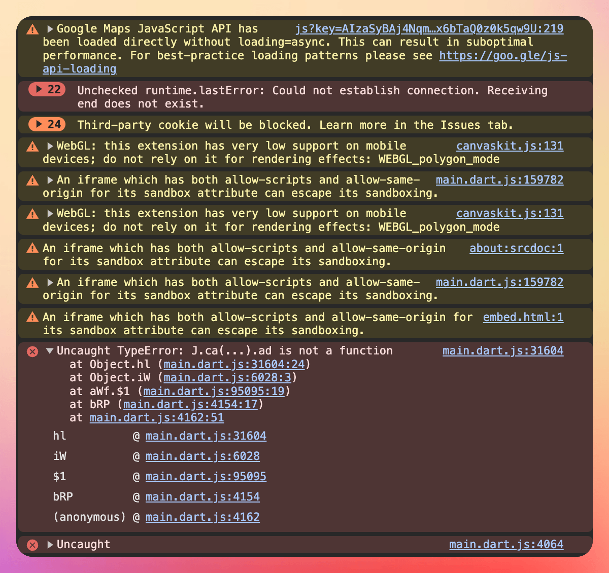 Chrome devtools showing an uncaught error in main.dart.js