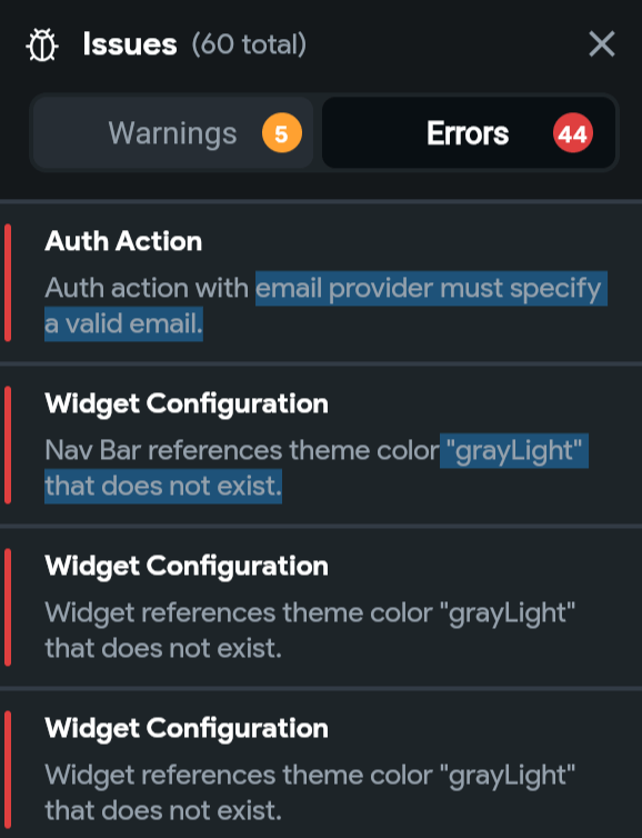 Summary of the warnings and errors in one of the template apps