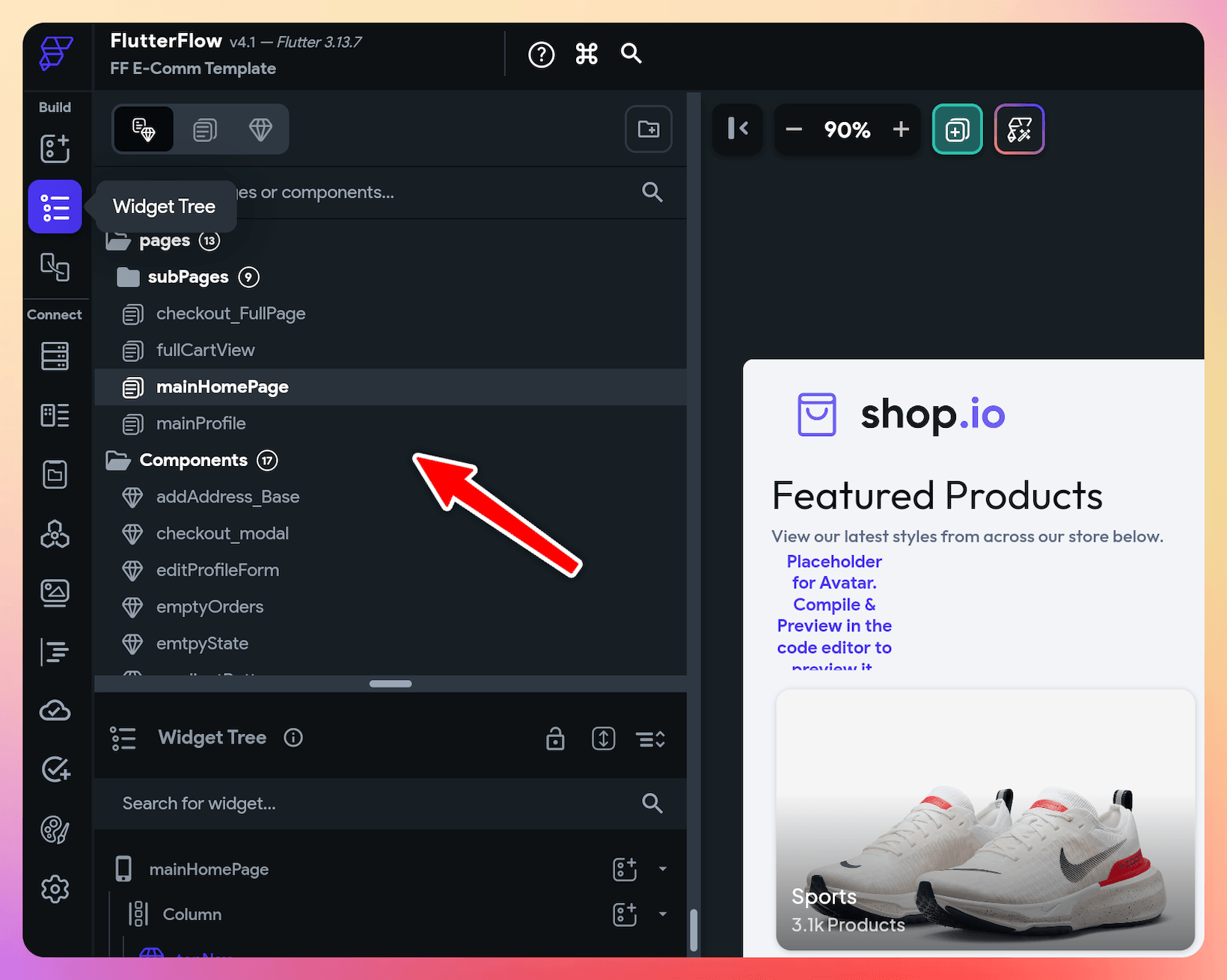 The sidebar shows a list of all the pages and components
