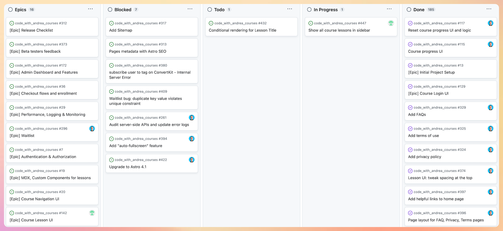 Internal GitHub project board for Code With Andrea Pro