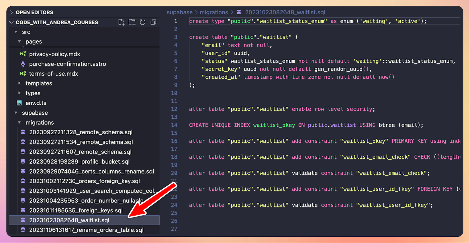 Example of a Supabase migration file