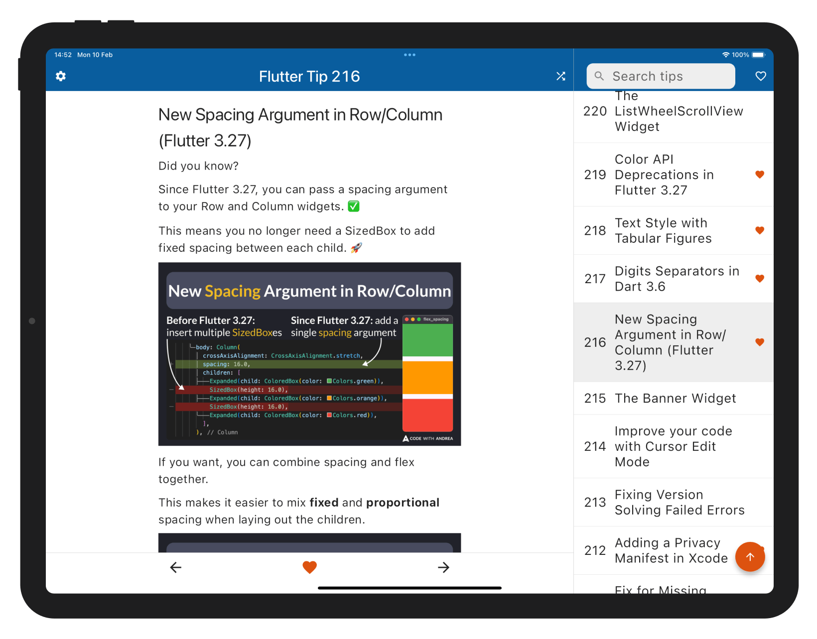 Flutter tips app on iPad, with content and navigation side by side