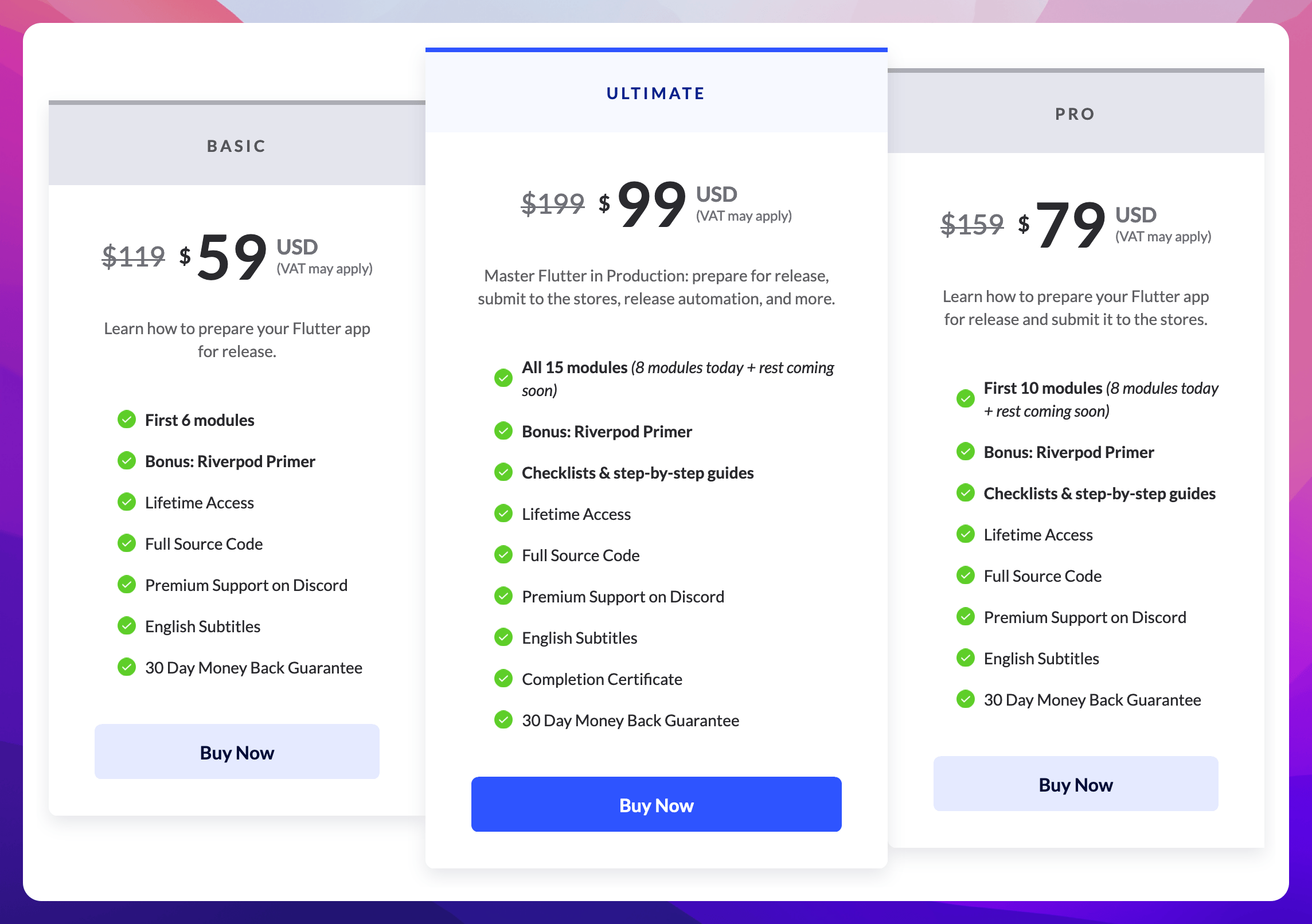 Pricing table