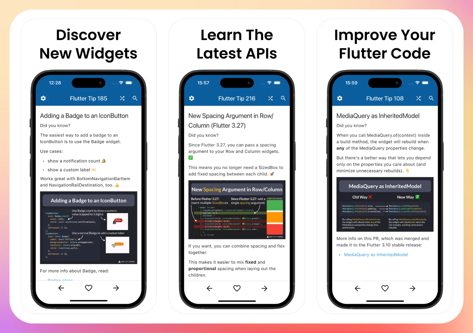 Screenshots from the Flutter Tips app on the App Store