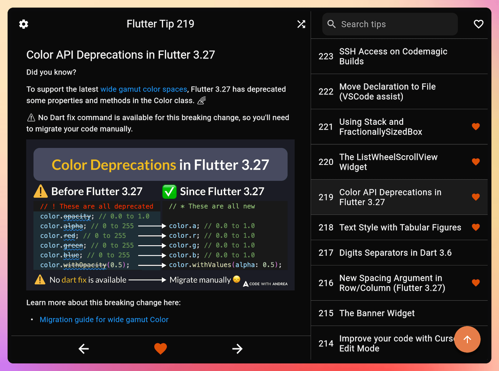 Preview of the Flutter Tips app on Flutter web