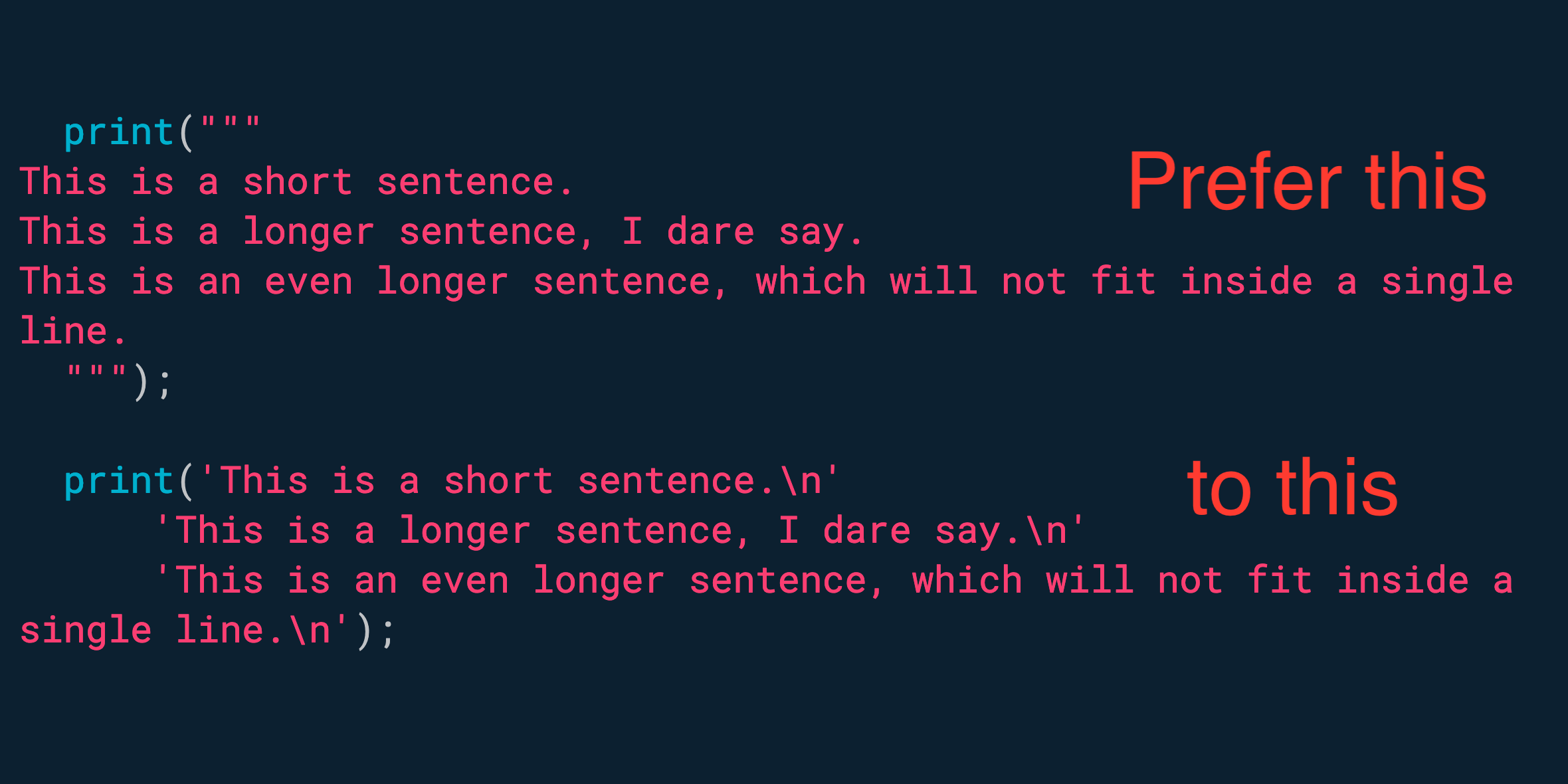 Use multi-line strings to represent large blocks of text.