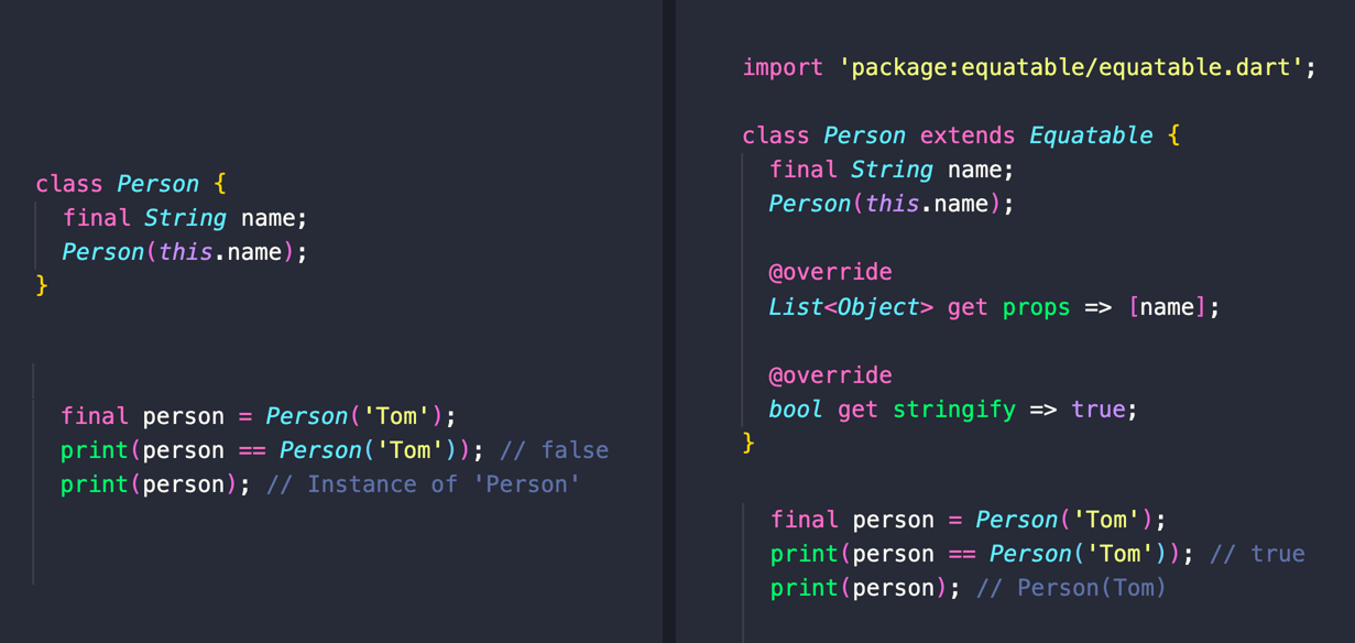 Want to auto-generate hashCode, == and toString() implementations for your classes? Use the Equatable package: