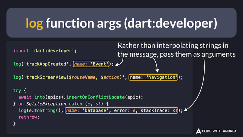 Useful arguments in the log function (from dart:developer)