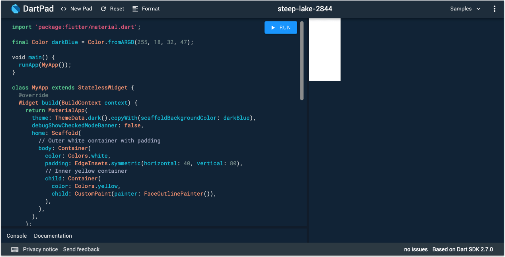 Dartpad preview is missing the yellow Container