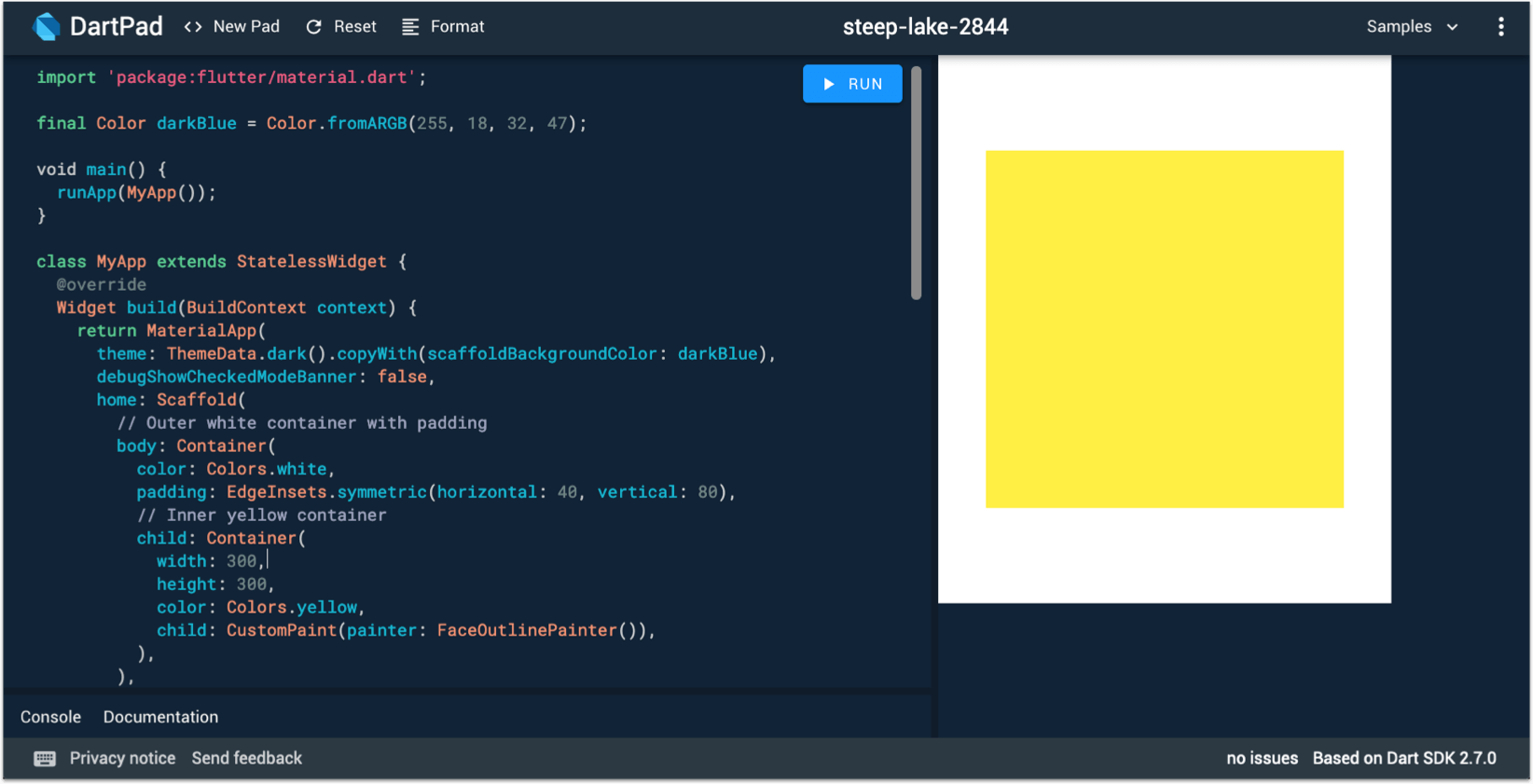 Dartpad preview with fixed-size yellow Container