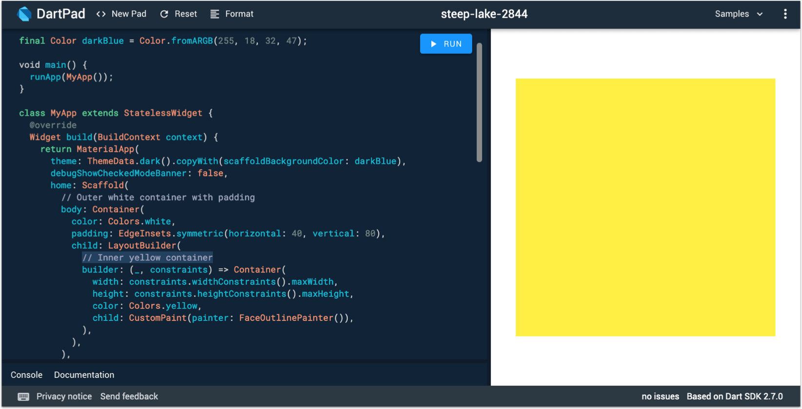 Dartpad preview with resizable yellow Container